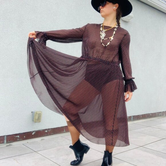 🌸 Philosophy Sheer Midi Dress Micro Floral Print Ditzy Black - Picture 2 of 16